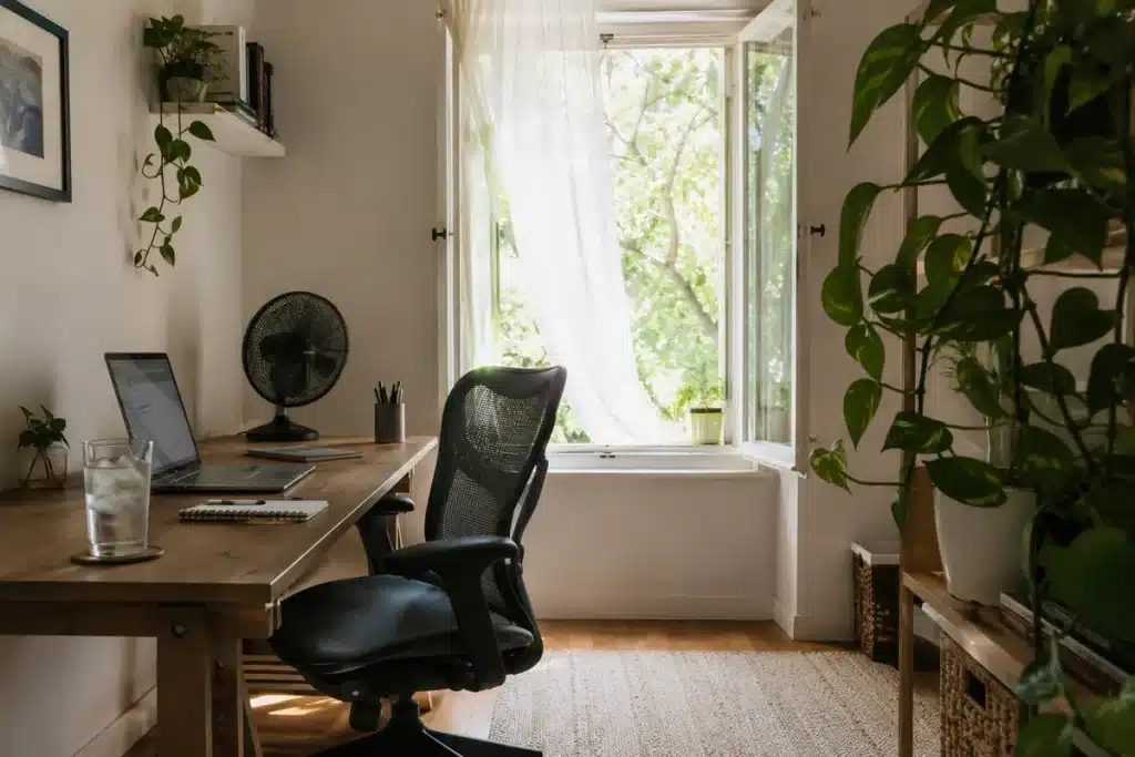 poste de travail lumineux et ventilé pour le télétravail quand il fait chaud