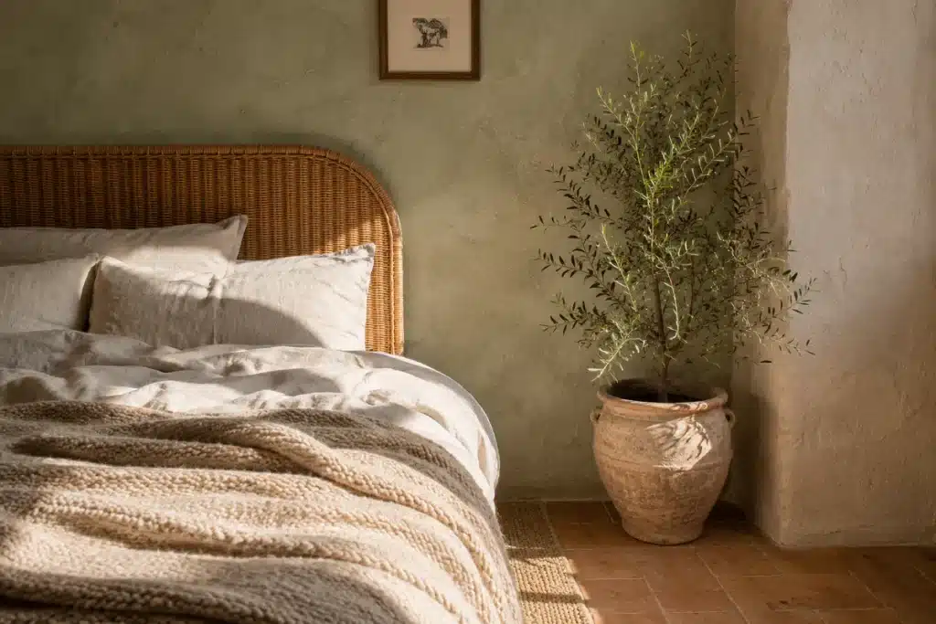 Lumière du soleil donnant sur une chambre à coucher d'une maison du sud de la france