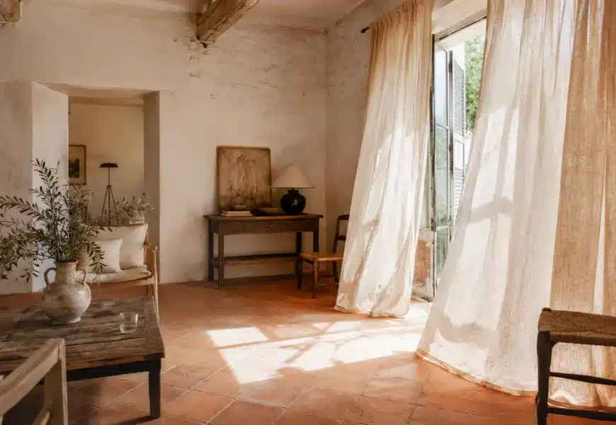 Pièce de vie dans une maison du sud de la France avec des rideaux en lin fin