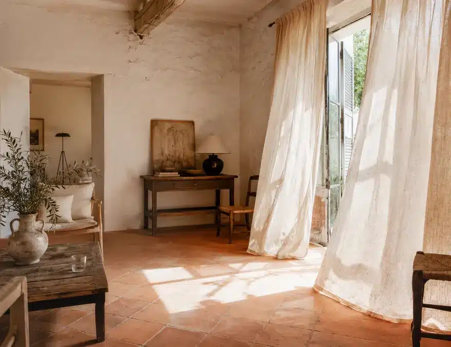 Pièce de vie dans une maison du sud de la France avec des rideaux en lin fin