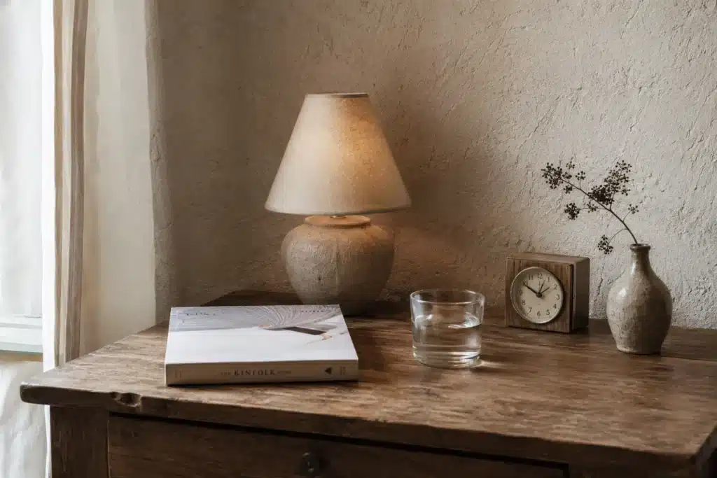 Table de chevet avec un reveil