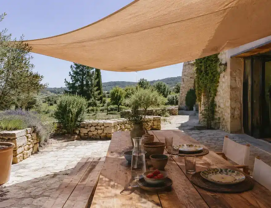 Voilage d'ombrage sur une terrasse d'une maison du Sud de la France